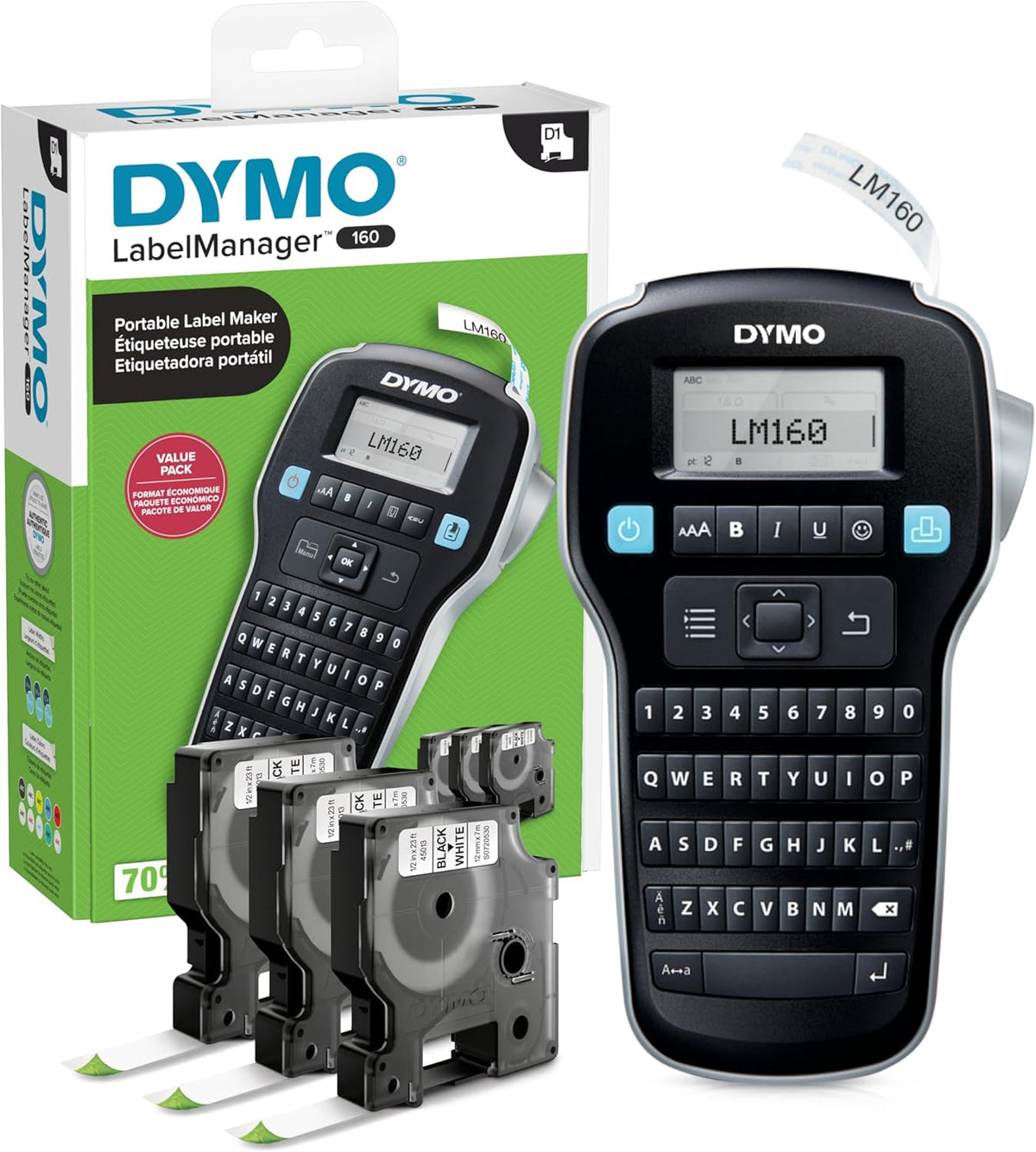 DYMO LabelManager Paquete de 160 etiquetadoras con 3 casetes de etiquetas D1, portátil de mano, teclado QWERTY, teclas inteligentes de un solo toque, pantalla grande, organización del hogar y la oficina