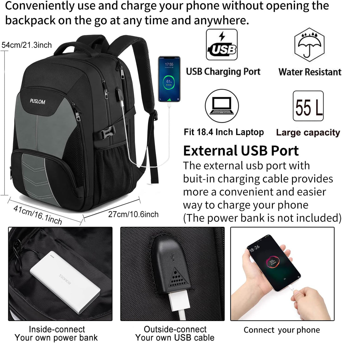 Mochila para Laptop con Puerto de Carga USB Mochila de Negocios Aprobada para Vuelos Equipaje de Mano, Gris, 18,4 pulg., Mochilas de viaje