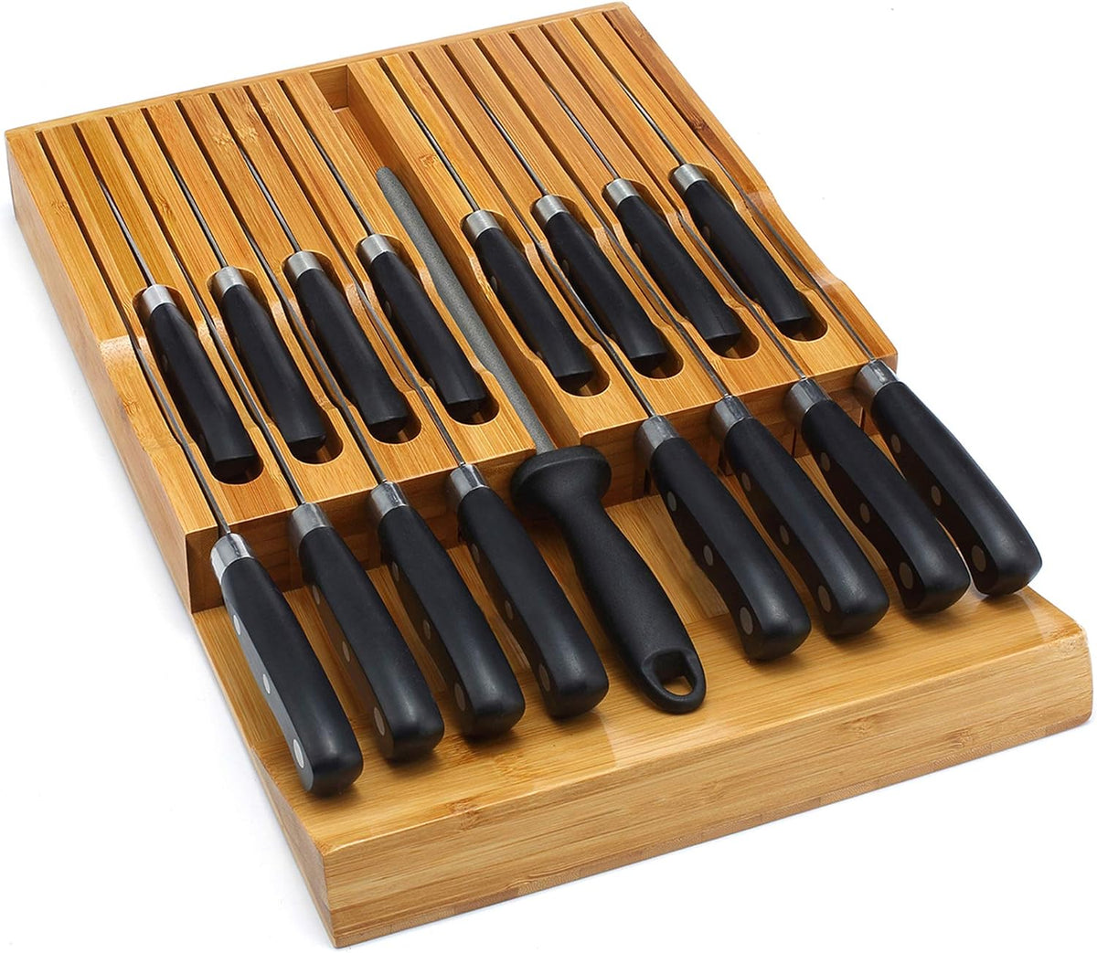 VaeFae Bloque de cuchillos en el cajón, inserto organizador de cajones de cuchillos de bambú, almacenamiento de cajones de cuchillos de cocina para 16 cuchillos más una ranura para tu afilador de