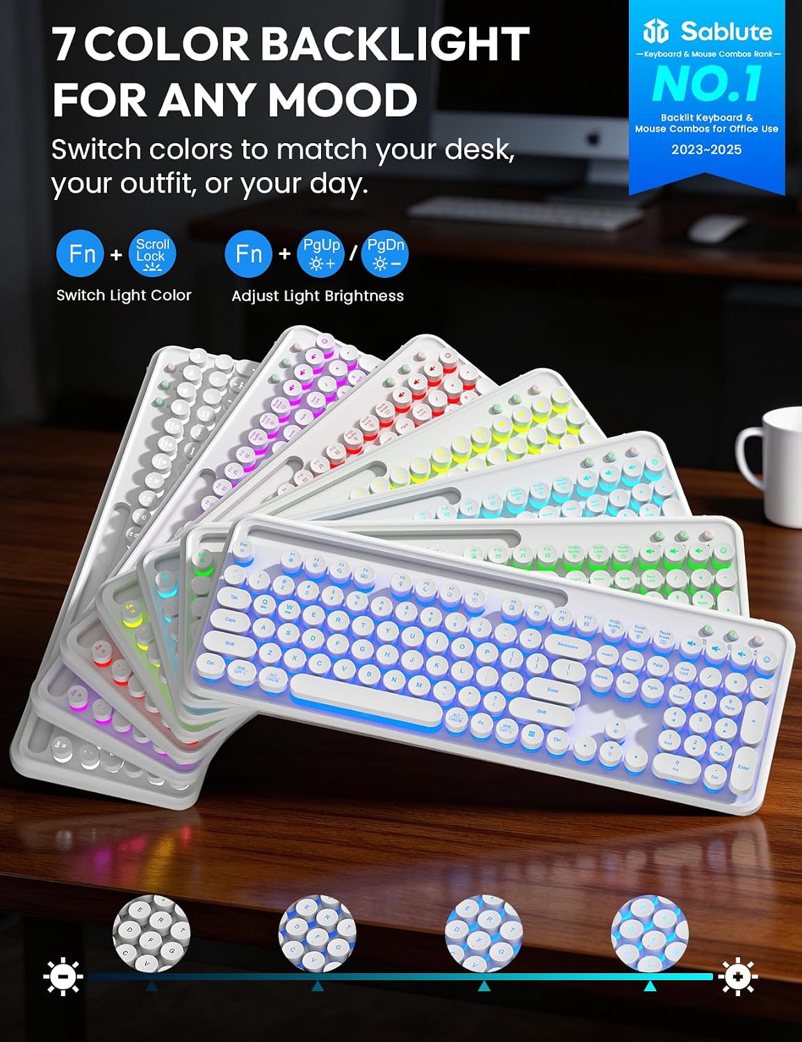 Teclado y mouse inalámbricos, máquina de escribir retroiluminada co...