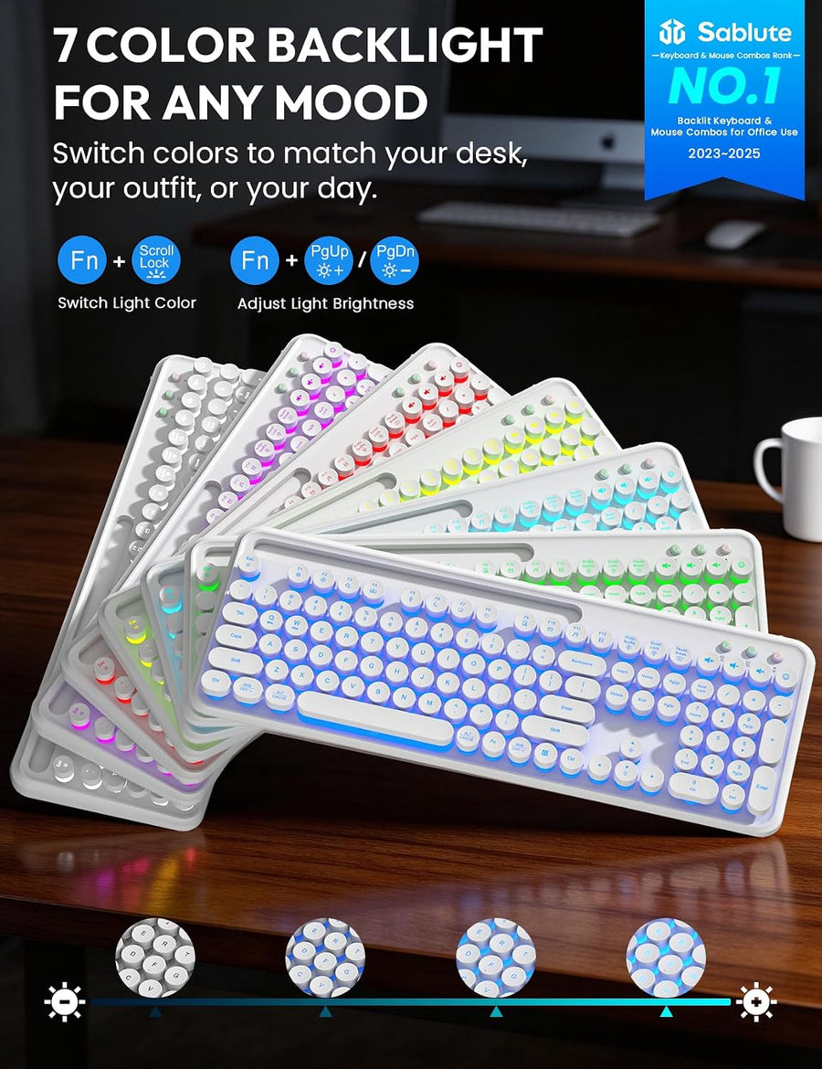 Teclado y mouse inalámbricos, máquina de escribir retroiluminada co...