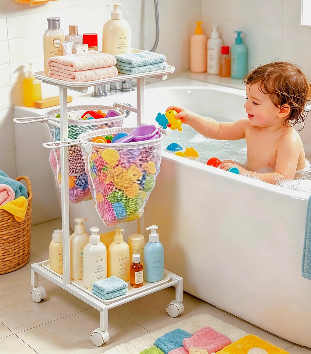 Soporte de almacenamiento de juguetes de baño, organizador de juguetes de bañera de secado rápido con 2 redes de malla colgantes y organizador de ducha, cubo grande de juguetes para bañera de fácil