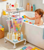 Soporte de almacenamiento de juguetes de baño, organizador de juguetes de bañera de secado rápido con 2 redes de malla colgantes y organizador de ducha, cubo grande de juguetes para bañera de fácil