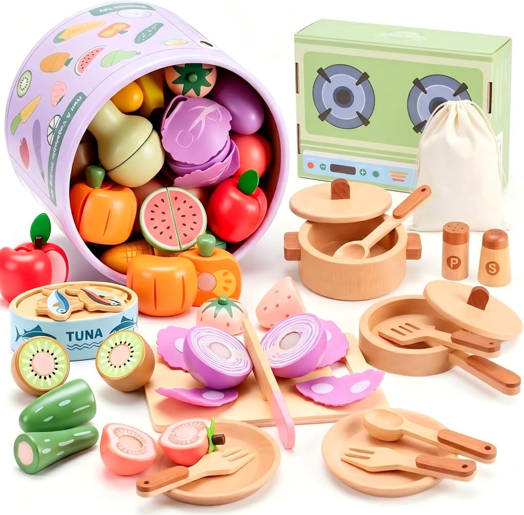 Juego de comida de madera para jugar – Juguete de cocina y accesorios de cocina con corte de frutas, verduras, ollas y sartenes y cubo de almacenamiento – Regalo para niños de 3, 4, 5, 6 años