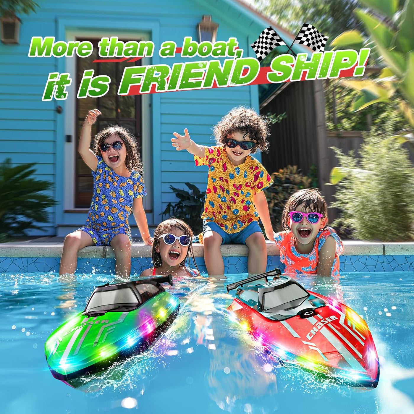 JOI MEW Barco RC con luces LED para niños, barcos de carreras de co...