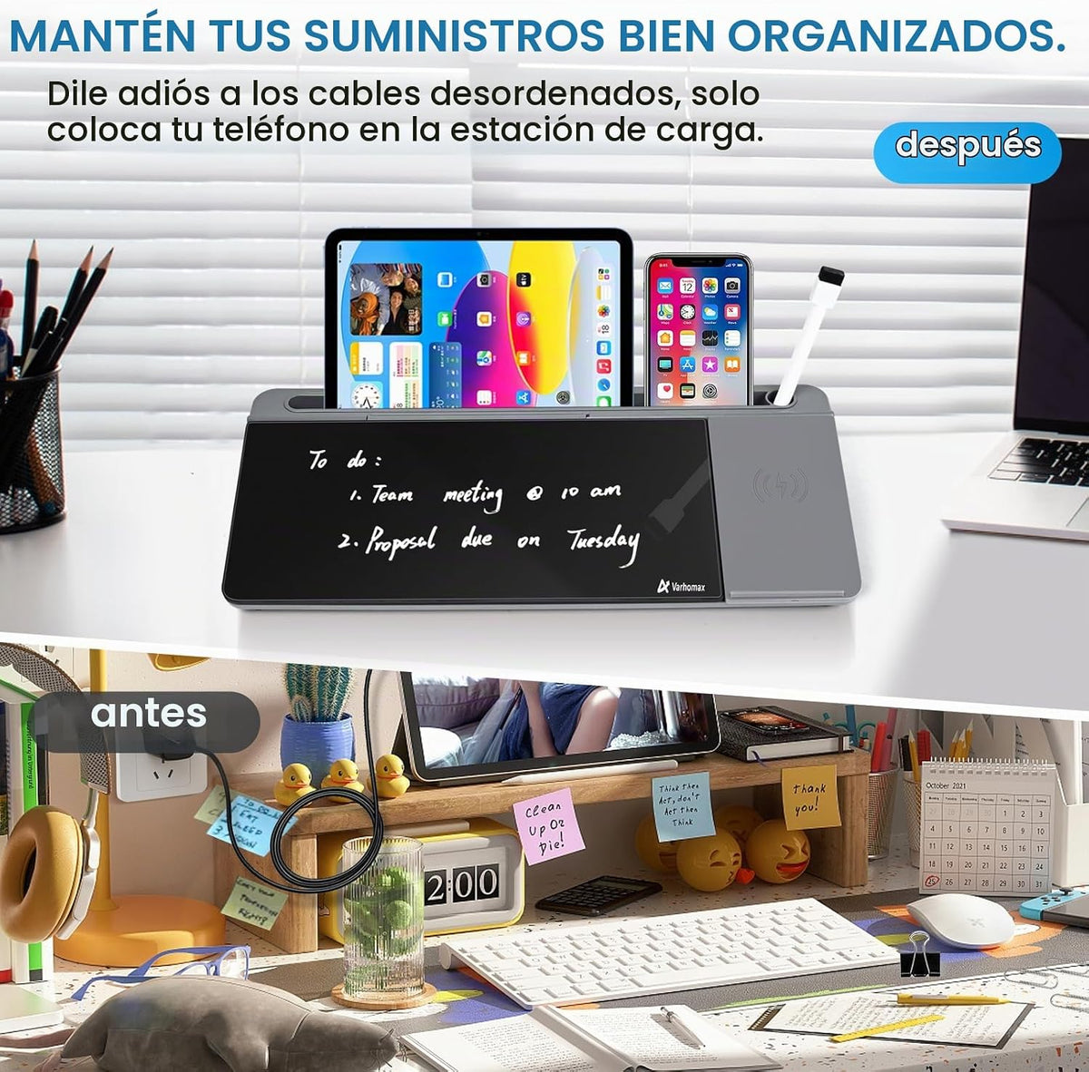 Varhomax Glass Desk Whiteboard con Wireless Charger, Desktop Organizer