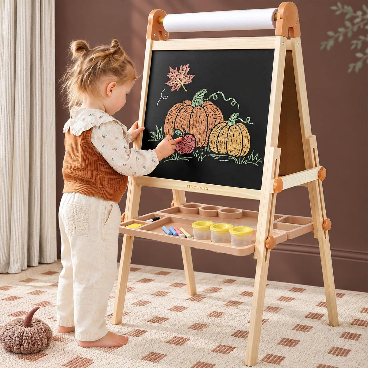 Tiny Land - Caballete de madera plegable para niños, con pizarra y pizarra blanca