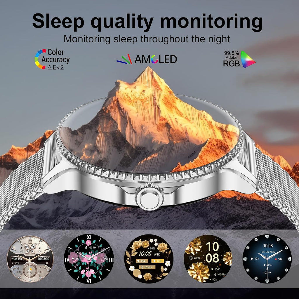 Reloj inteligente para mujer, pantalla AMOLED ultra clara de 1.32 pulgadas con llamadas Bluetooth (respuesta/hacer) seguimiento de actividad/frecuencia cardíaca y monitor de sueño, más de 120 modos