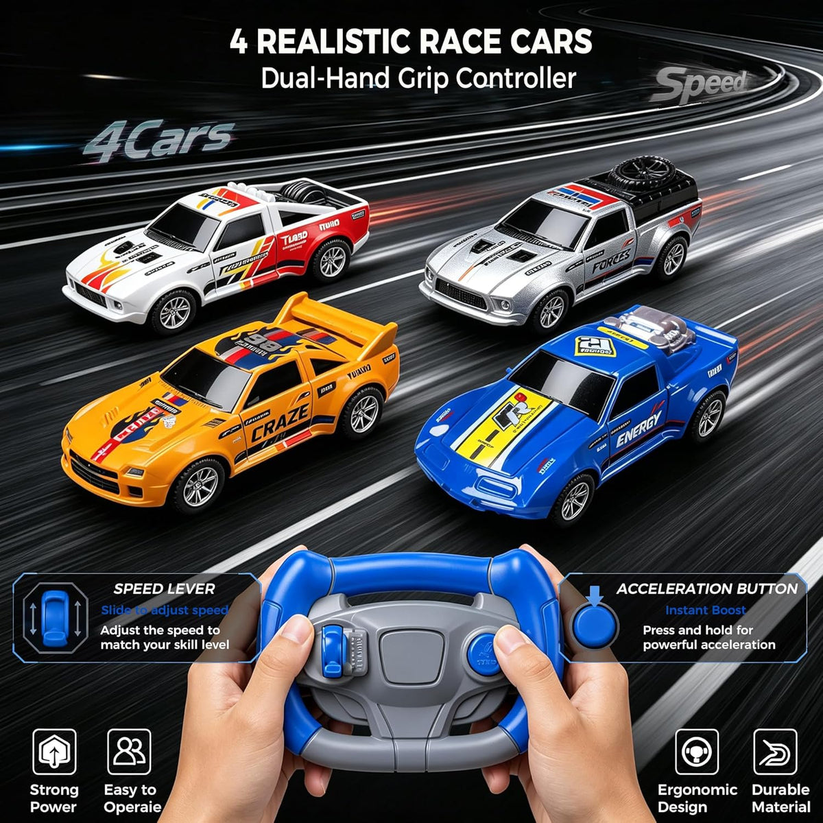 Juego de carreras de coches eléctricos con 4 tragamonedas de alta velocidad, juego de carreras dual con 2 controladores, pista circular de paso elevado con péndulo de puente flash, juguetes de regalo