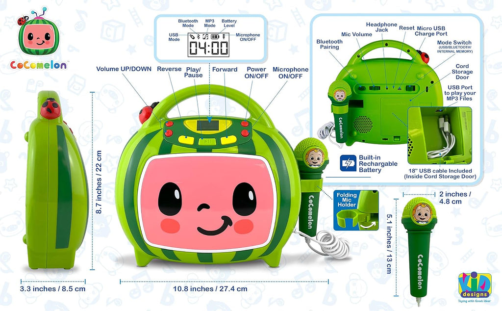 Cocomelon - Máquina de karaoke Bluetooth para niños con canciones integradas
