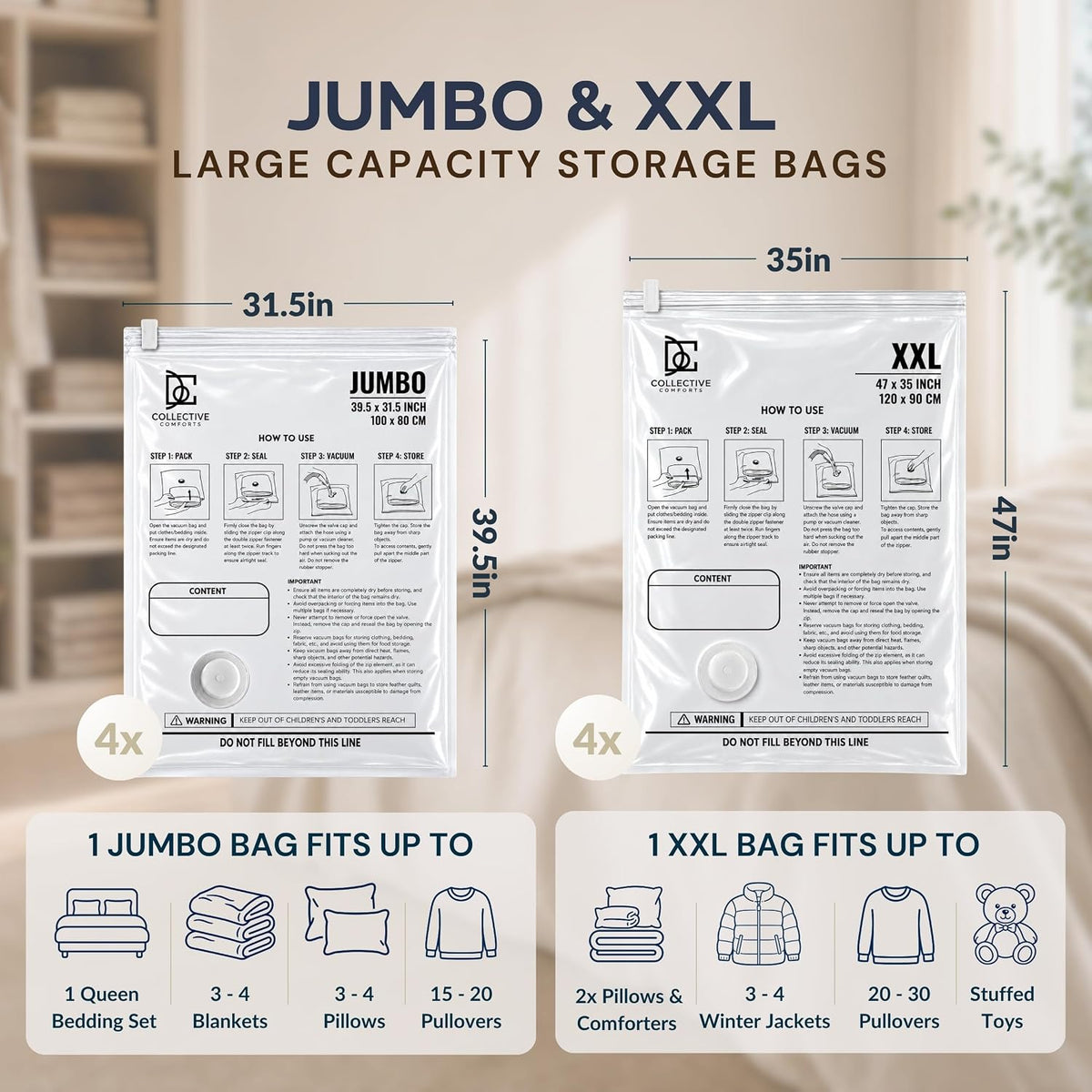 Paquete de 8 bolsas de almacenamiento al vacío XXL y