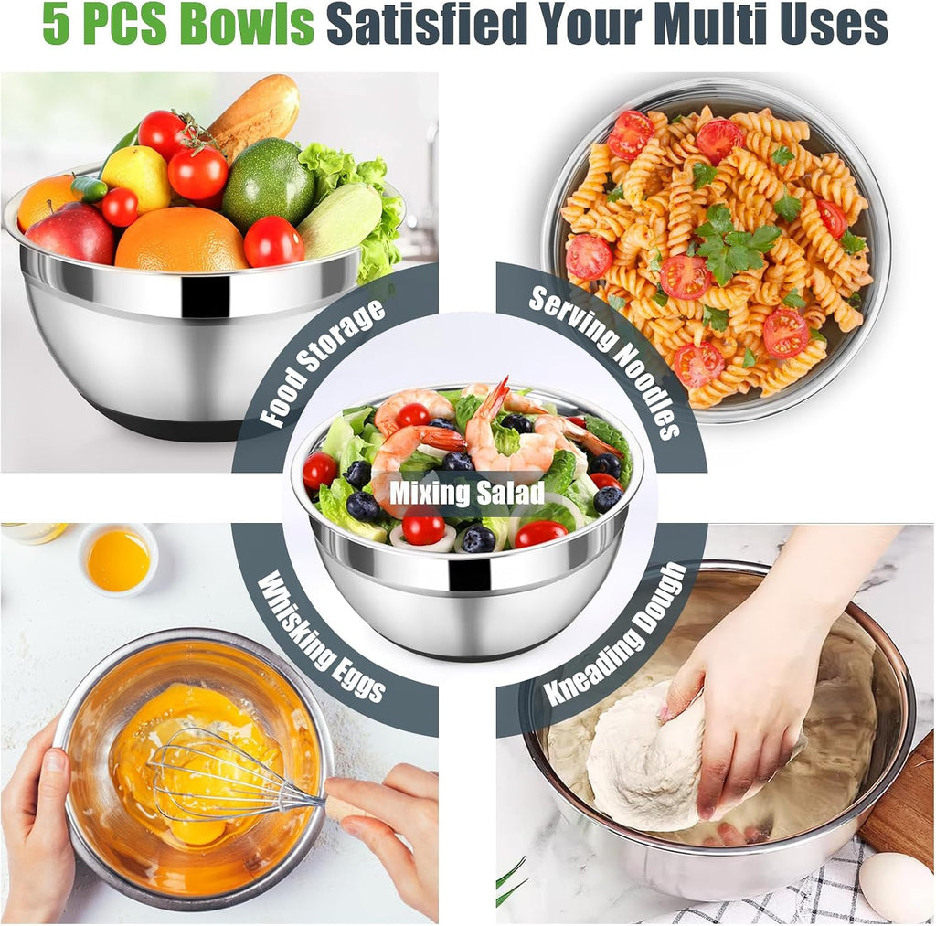 P&P CHEF - Juego de cuencos de mezcla con tapa, 5 piezas de cuencos de acero inoxidable para anidación y almacenamiento de ensaladas, 3 accesorios para rallar y fondos antideslizantes, tamaño 1/1.5/2