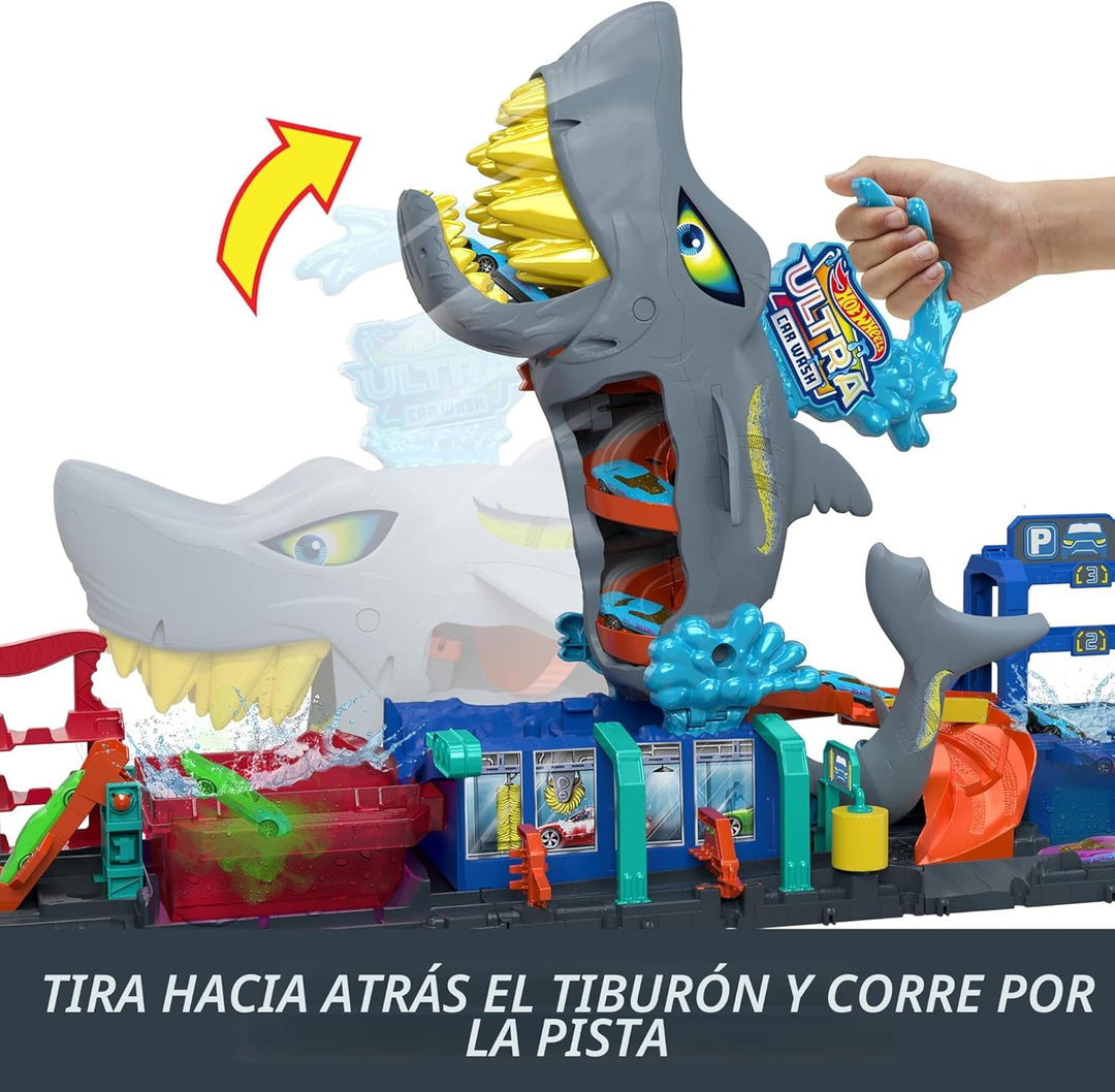 Hot Wheels Juego de pistas de ciudad, lavado de autos Ultra Shark c...