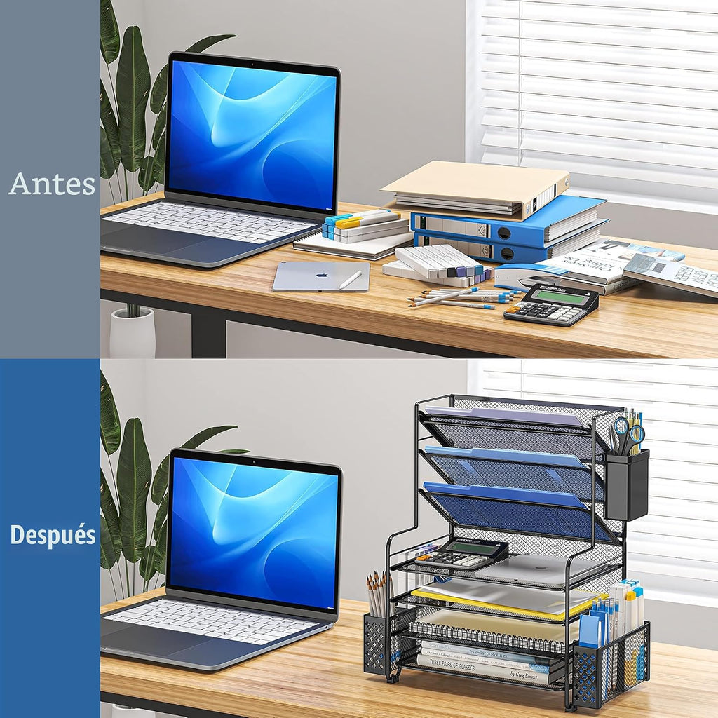 Simple Trending - Organizador de archivos de escritorio de 7 niveles, organizador de bandejas de papel tamaño carta con soporte para bolígrafos y canasta colgante de metal, negro