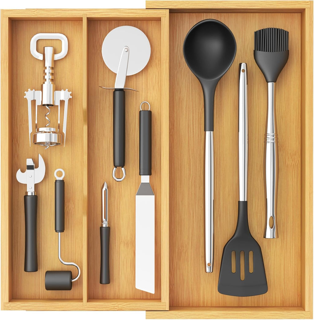 Lifewit Bamboo Utensil Organizer para Kitchen Drawer, Cooking Utensil Tray