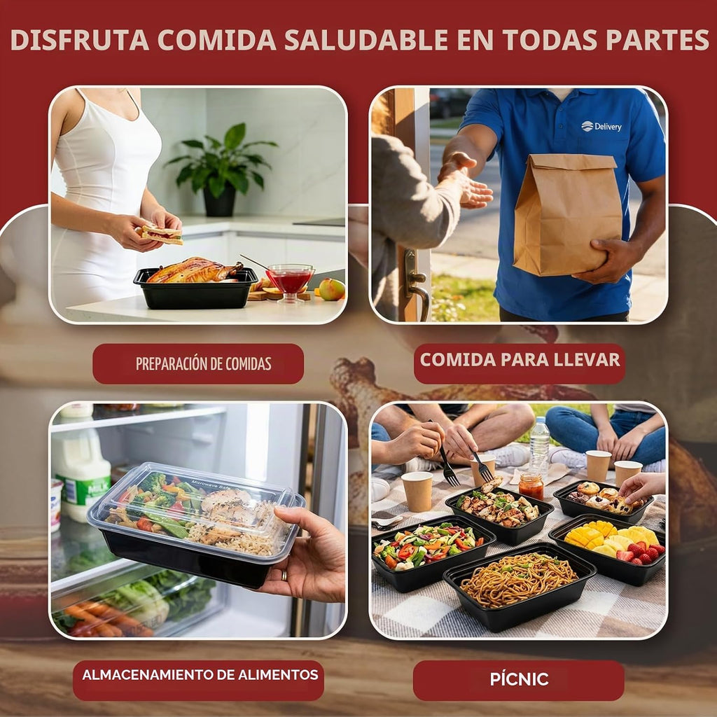 Paquete de 100 recipientes (200 piezas) de 24 onzas para preparación de comidas reutilizables, con tapas, resistentes a prueba de fugas, recipientes de plástico para llevar para microondas