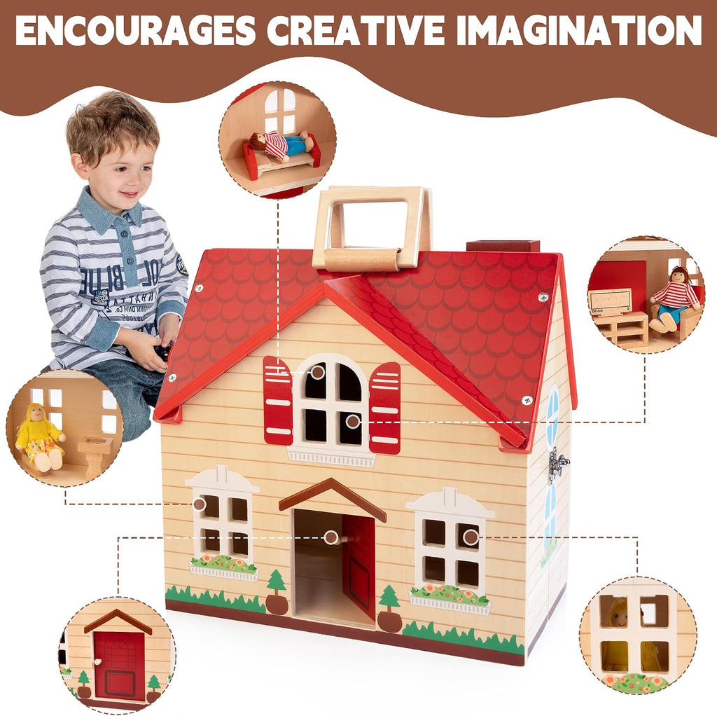 WOODMAM Casa de muñecas plegable de madera con muebles para juegos de