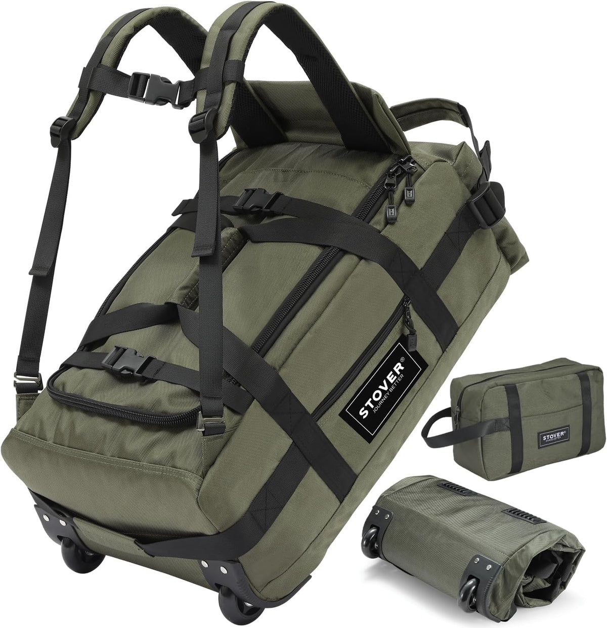Bolsa de lona con ruedas de 45/80/100L, grande, duradera, con neceser, resistente, plegable con correas para el hombro, uso como equipaje o mochila, hombres y mujeres, U-Zip Verde, Bolsa de