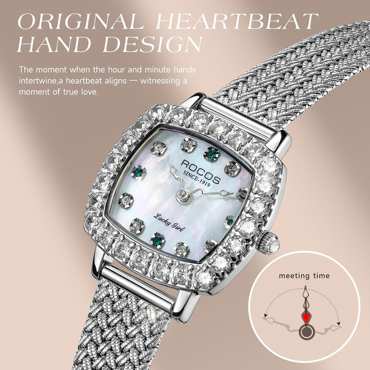 ROCOSJEWE Reloj de plata de lujo de las señoras del diamante para las mujeres, reloj de pulsera de cuarzo cuadrado con la esfera natural de la nácar, elegante esfera pequeña, reloj de las mujeres de marca premium, regalo para las mujeres R0264