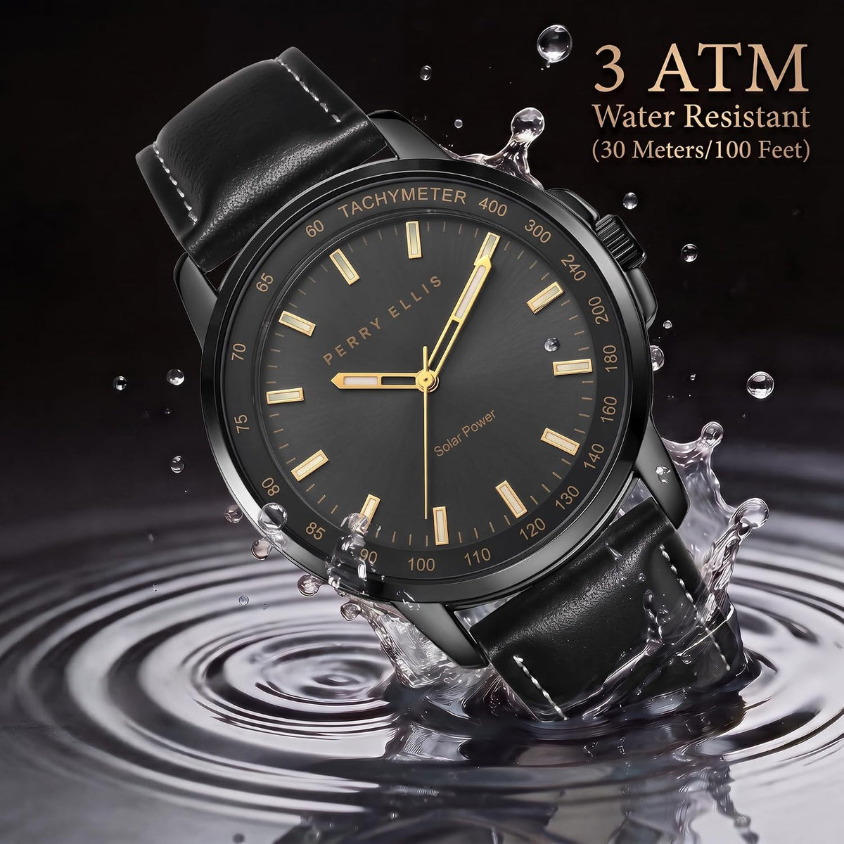 Reloj Perry Ellis para hombre con energía solar | Relojes de pulsera analógicos resistentes al agua de cuero vegano para hombre | Caja de 43mm | Bisel taquimétrico de aluminio | Elegante regalo para