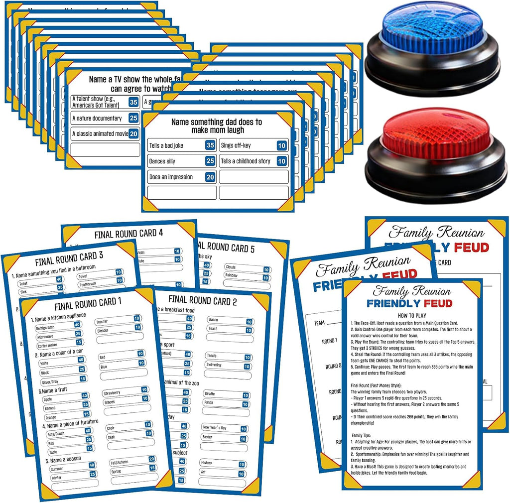 Juego de peleas familiar con 2 zumbadores de respuesta, divertido juego de cartas de preguntas para preguntas y preguntas para la noche de juegos familiares, reuniones de vacaciones, fiestas y