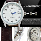 Gute Reloj para hombre, esqueleto mecánico, steampunk, automático, automático, números arábigos, manos azules, marrón, cuero sintético, reloj de pulsera, Marrón, Mecánico, Automático