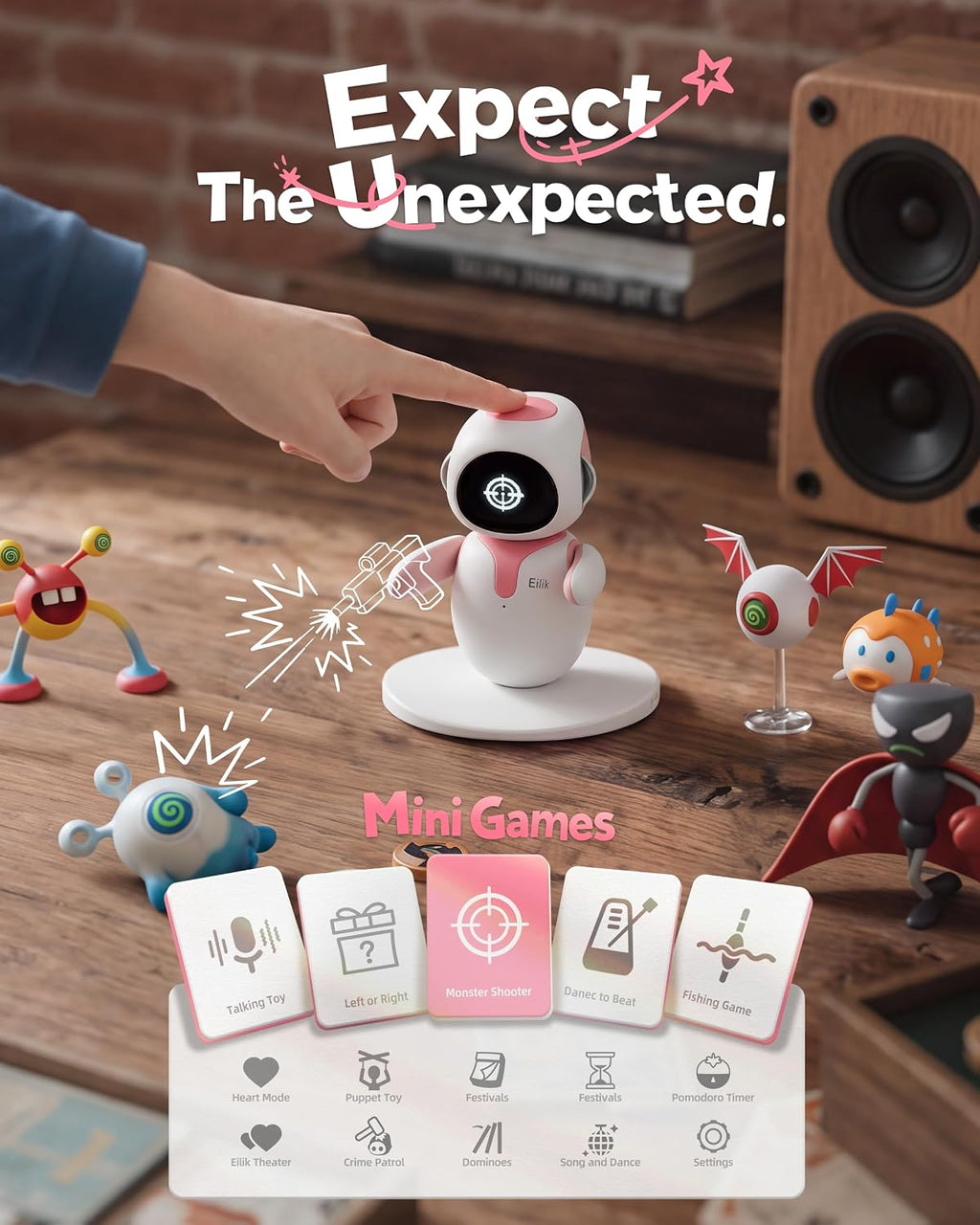 ENERGIZE LAB Eilik Pink - Juguetes interactivos táctiles, lindas mascotas robot con emociones abundantes. Animaciones en reposo y minijuegos, regalo único para niñas y niños. Admite actualizaciones.
