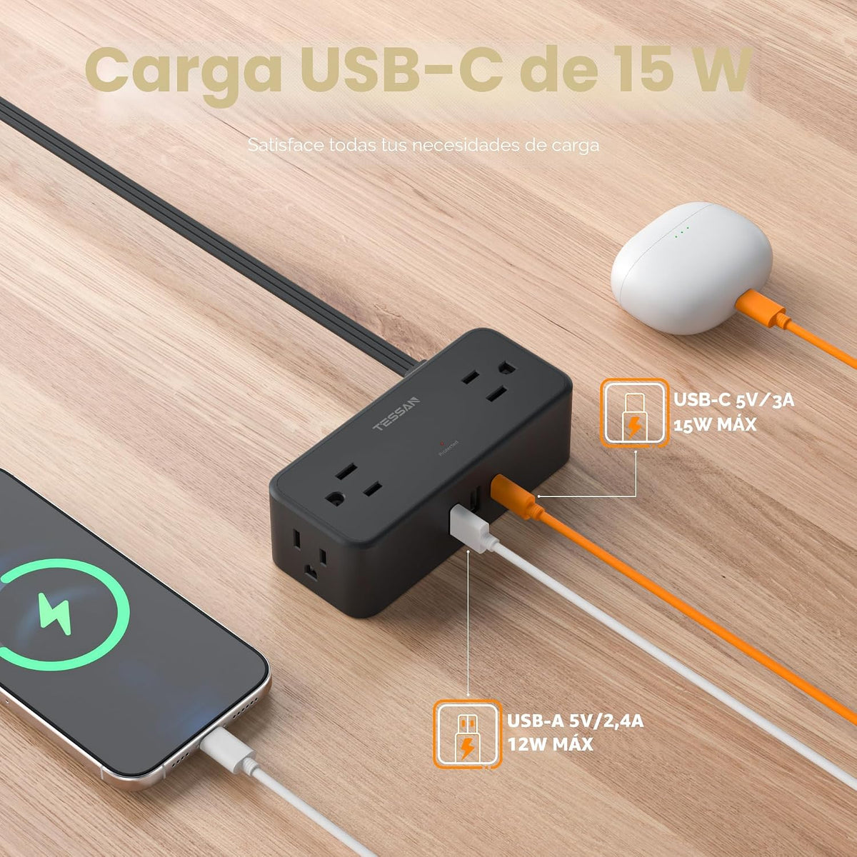 TESSAN - Cable de extensión de 5 pies, regleta de alimentación con protección contra sobretensiones 900J, color negro