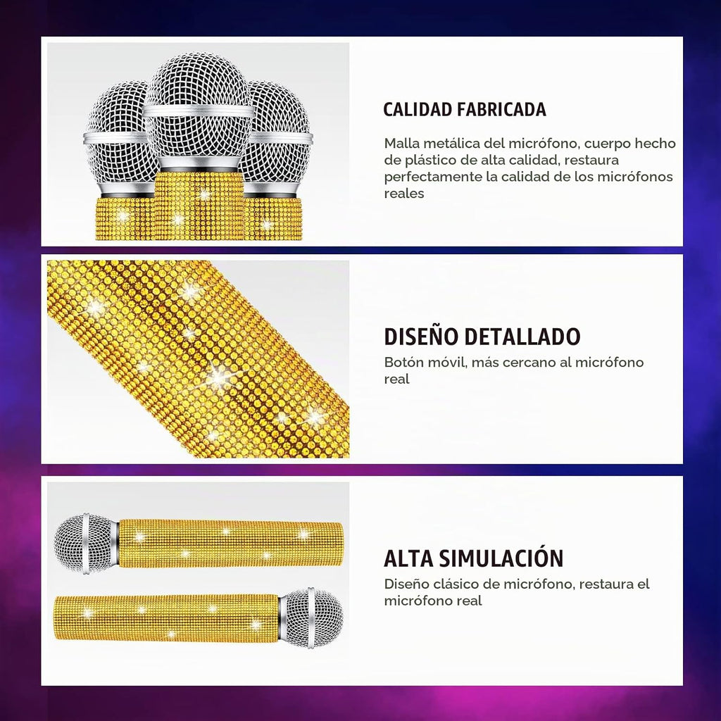 Micrófono Falso de Apoyo con Brillantina y Rinstones de Cristal de Rinoplástico para Jugar, Micrófono de Pretensión con Purpurina y Adornos para Cosplay, Traje de Fiesta (Dorado)