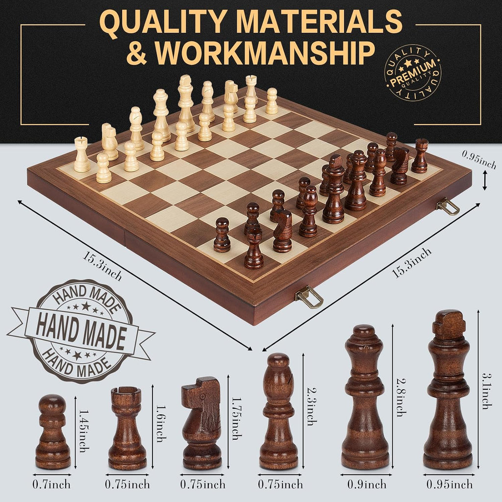 Juego de ajedrez magnético de madera, tablero de ajedrez plegable de 15 pulgadas con 2 ranuras de almacenamiento extra para reinas y piezas, juego de mesa de ajedrez de viaje portátil para adultos y