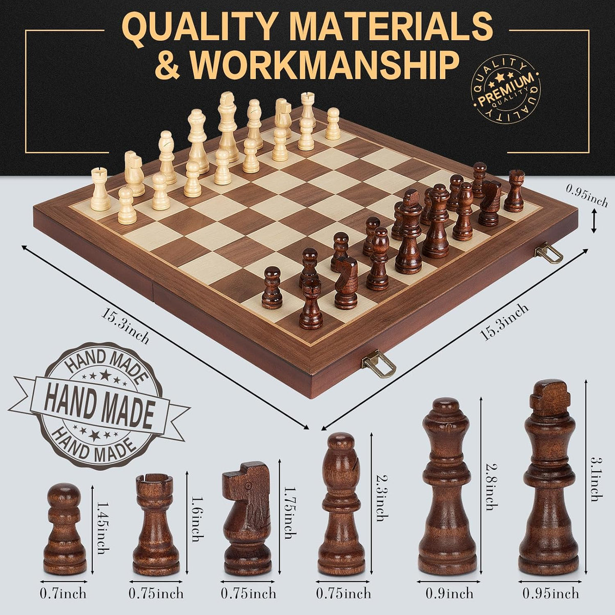 Juego de ajedrez magnético de madera, tablero de ajedrez plegable de 15 pulgadas con 2 ranuras de almacenamiento extra para reinas y piezas, juego de mesa de ajedrez de viaje portátil para adultos y
