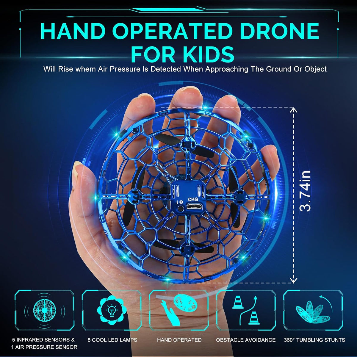 Dron de juguete volador para niños, con sensores de movimiento manos libres de 360°, mini dron con luz LED, fácil de interior pequeño OVNI helicóptero, juguetes de bola voladora, juguetes geniales
