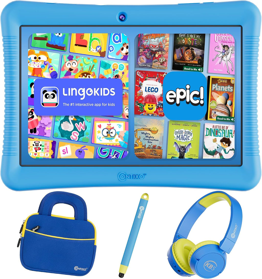 Contixo Paquete de tableta Android Kids de 10 pulgadas, 32 GB, Epic! y aplicaciones educativas LingoKids, controles parentales, funda a prueba de niños con soporte y lápiz capacitivo, auriculares y bolsa de funda, color azul