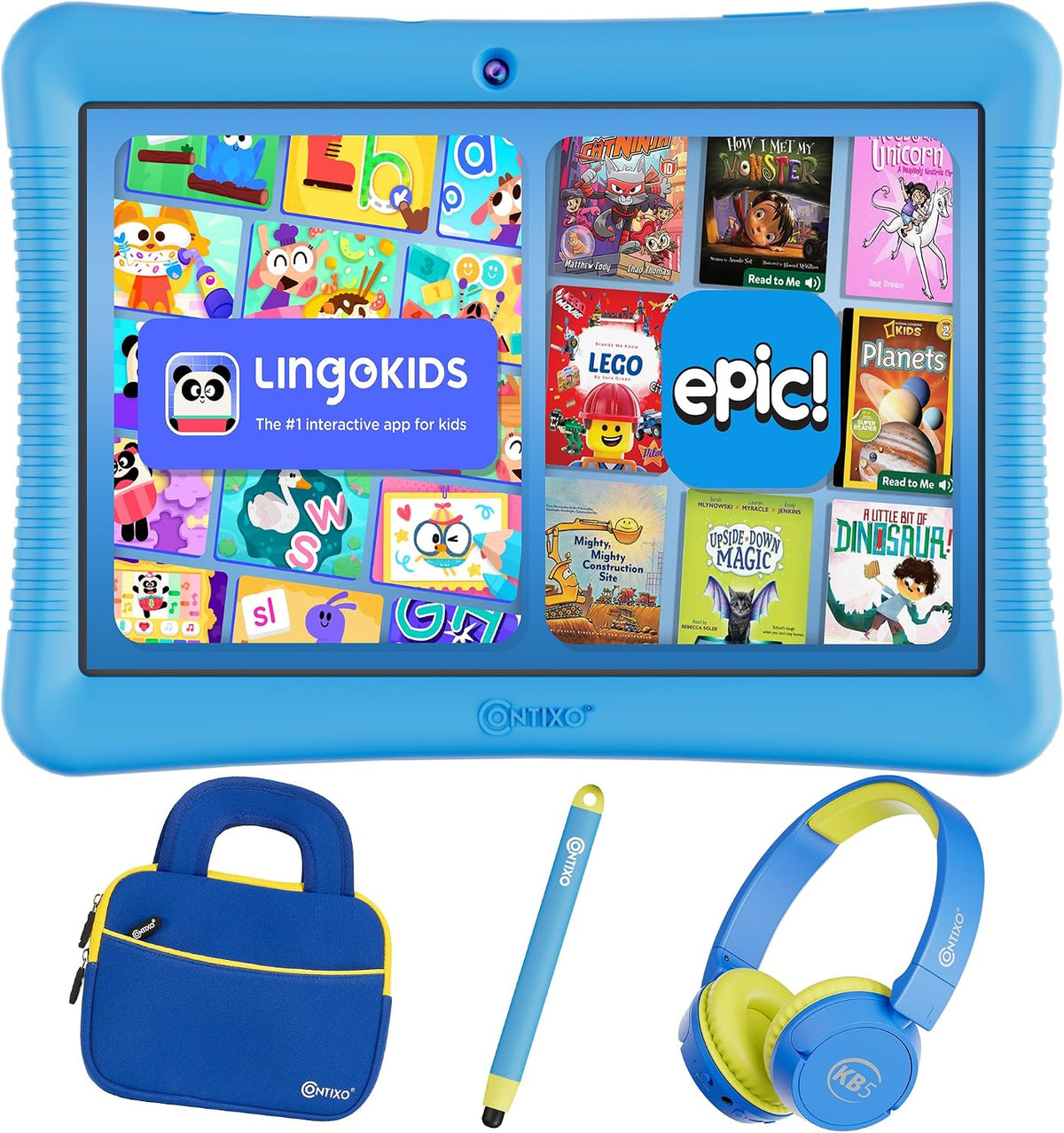 Contixo Paquete de tableta Android Kids de 10 pulgadas, 32 GB, Epic! y aplicaciones educativas LingoKids, controles parentales, funda a prueba de niños con soporte y lápiz capacitivo, auriculares y bolsa de funda, color azul