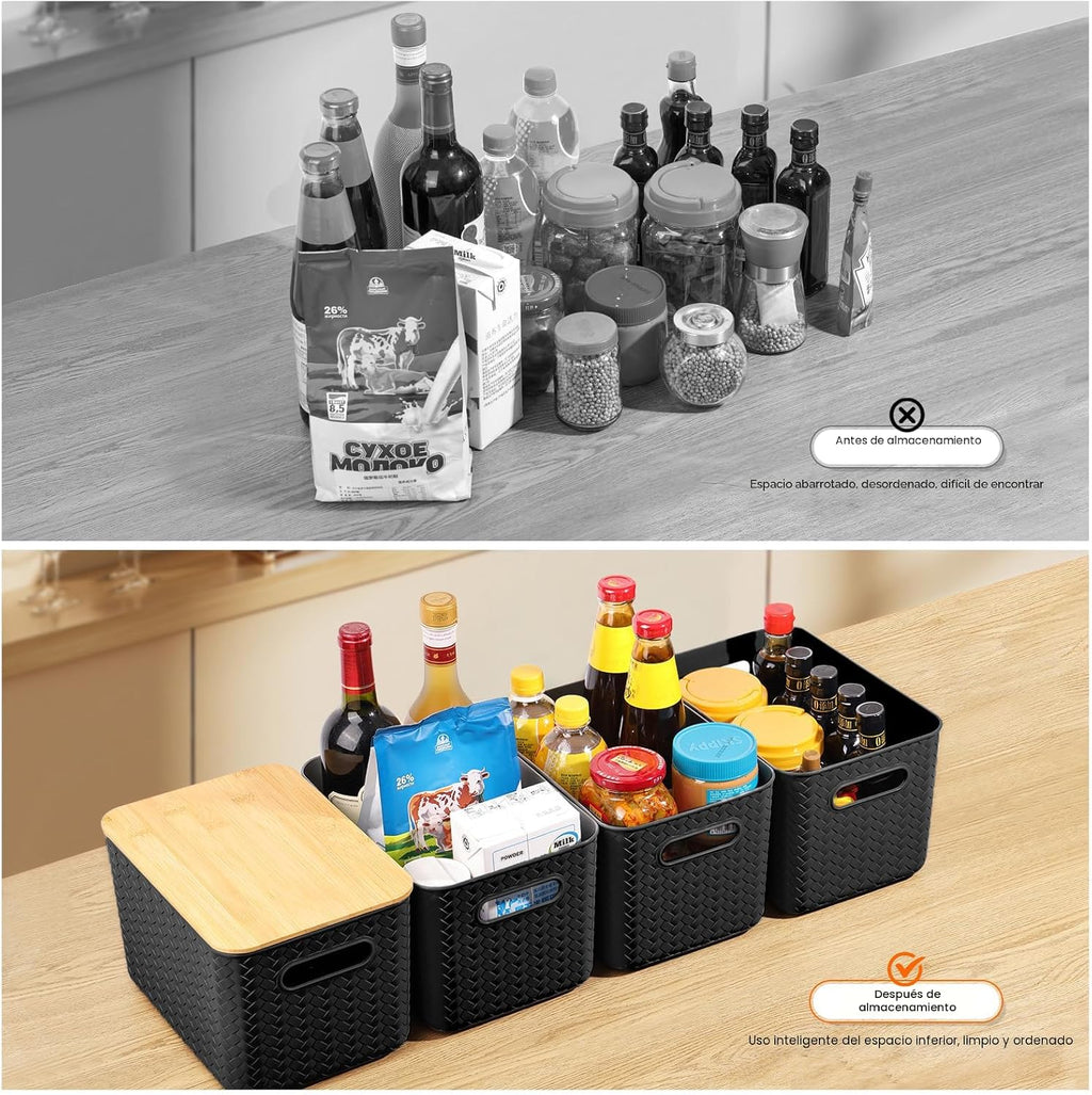 Ohmlove Paquete de 4 contenedores de almacenamiento con tapas de bambú, contenedores de almacenamiento de plástico con tapas, caja de almacenamiento apilable: cestas de almacenamiento para organizar
