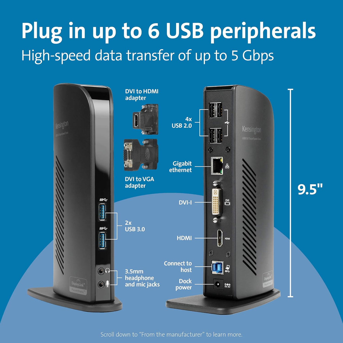 Kensington Estación de acoplamiento de doble pantalla USB 3.0 para MacBooks, Windows y Surface (K33972US)