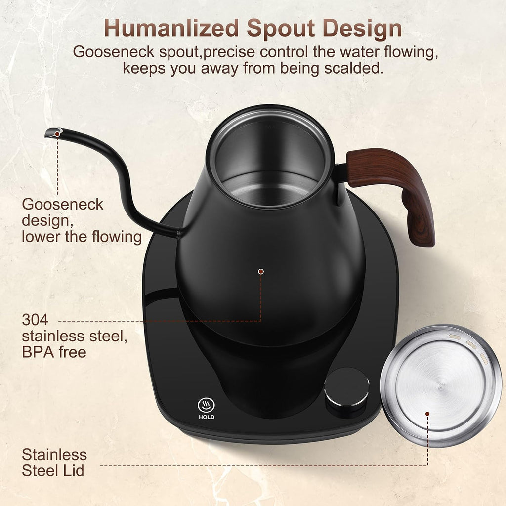 Hervidor eléctrico de cuello de cisne, control inteligente de temperatura, interior de acero inoxidable, calentamiento rápido, para café de filtro, preparar té, hervir agua caliente, 1000 W
