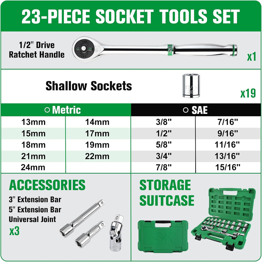 Conjunto de dados de 1/2" de SK con llave dinamométrica de 216-P, 23 piezas, enchufes SAE y métricos