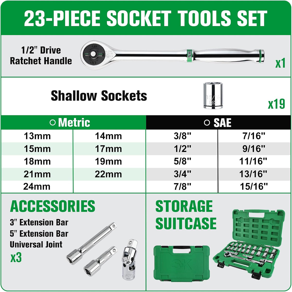 Conjunto de dados de 1/2" de SK con llave dinamométrica de 216-P, 23 piezas, enchufes SAE y métricos