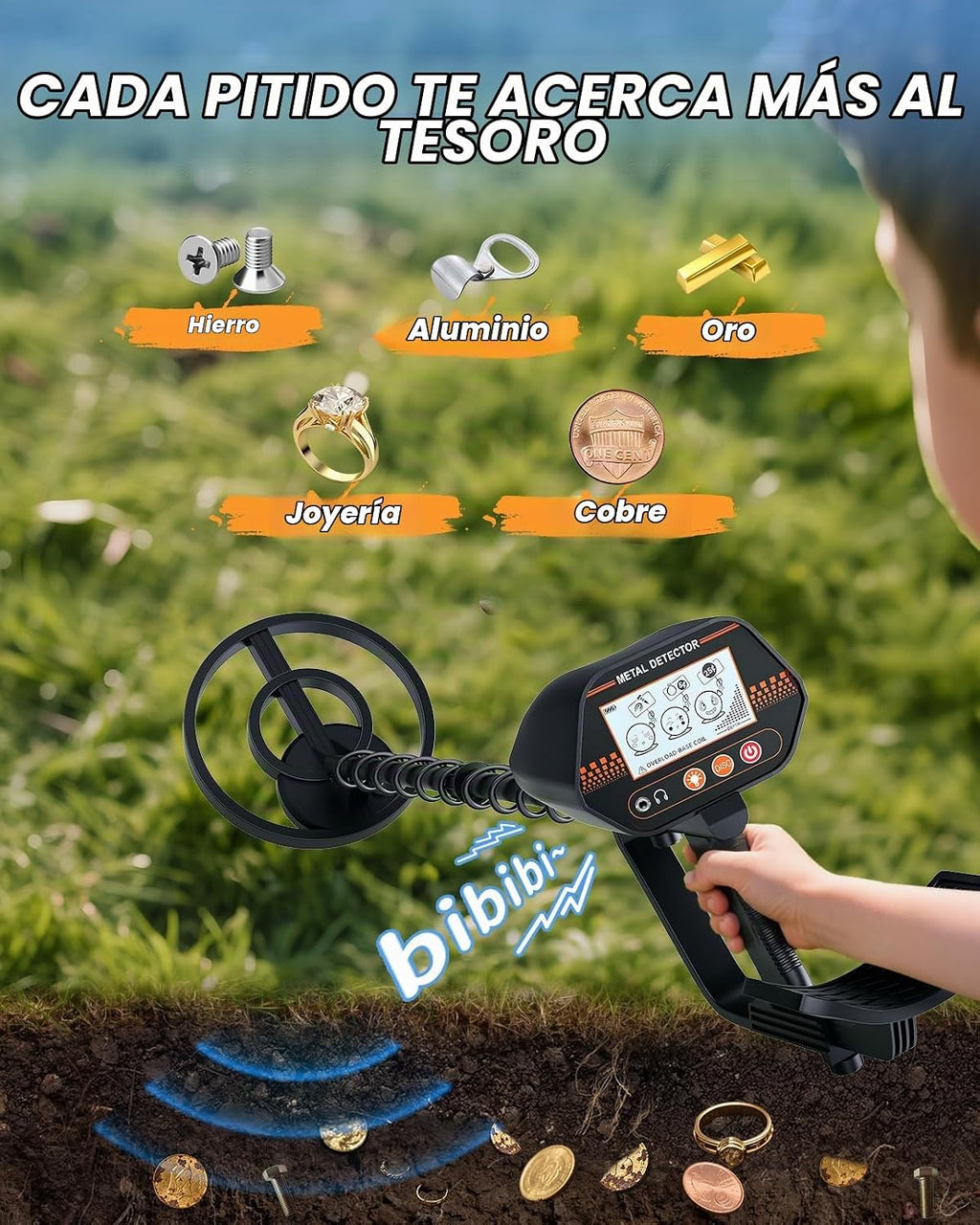 Detector de metales para niños, fácil de usar, divertida pantalla LCD, detector de metales ligero y ajustable para niños, bobina impermeable de 8 pulgadas, caza en la playa/patio trasero, regalos para niños de 8 a 12 años (kit recargable)