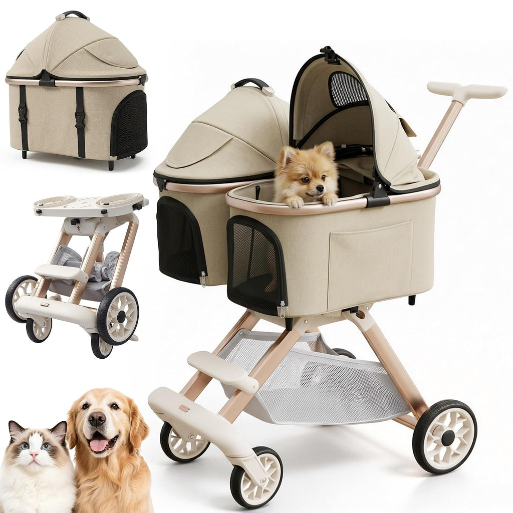 Paseador doble para mascotas con 2 transportines desmontables para perros y gatos pequeños y medianos