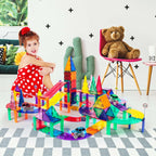 PicassoTiles Juego de 128 piezas de bloques de construcción de pistas de autos de carreras magnéticas, juego de azulejos magnéticos, juego de 3 luces LED, kit de construcción de aprendizaje de