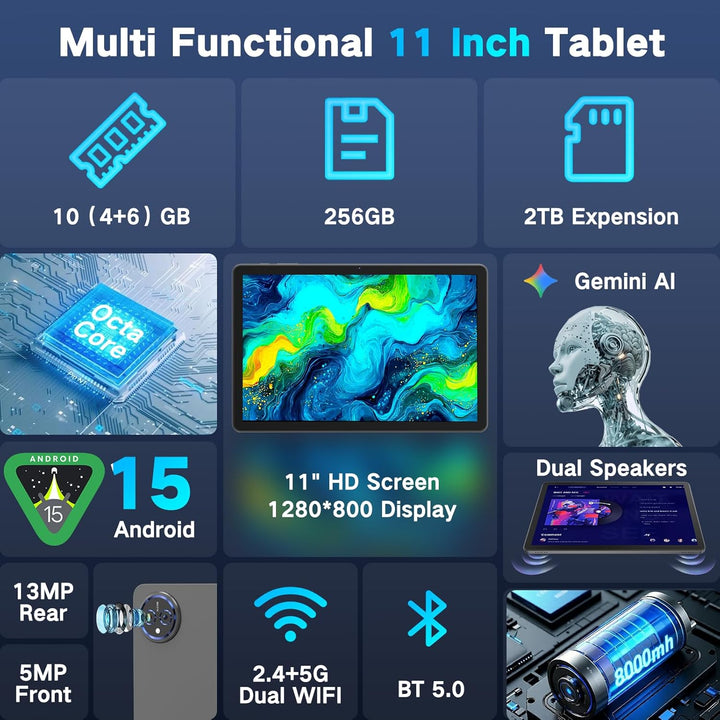 Tableta JUNYANG de 11 pulgadas con Android 15, 256 GB de ROM, 10 GB...