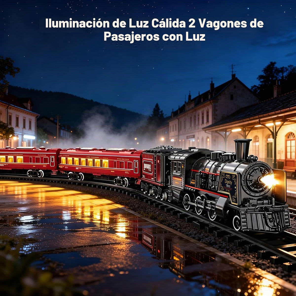 Juegos de tren eléctrico para niños, juguetes de tren de Navidad de aleación de metal, locomotora de vapor, vagones de pasajeros brillantes, pistas de lujo, luz y sonidos, regalos de cumpleaños recargables para niños y niñas, color rojo