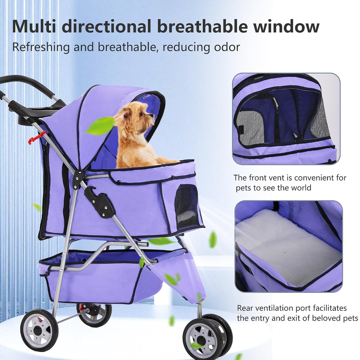 FDW Carriola para mascotas de 3 ruedas, plegable y duradera, para gatos y perros, con forro lavable, canasta de almacenamiento y portavasos, color púrpura