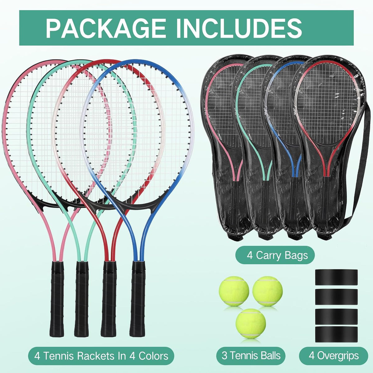 4 raquetas de tenis para adultos recreativas para 4 jugadores, raqueta de tenis ligera de 27 pulgadas con 3 pelotas de tenis para entrenar principiantes con bolsa de transporte