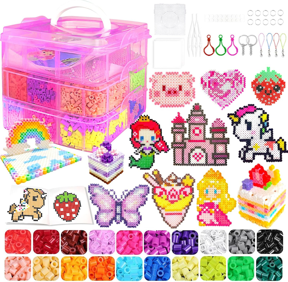 Kit de manualidades de 11000 cuentas fusibles con caja de almacenamiento, 20 colores de cuentas de 0.197 in, tableros de clavijas, papeles de planchar y accesorios. Juego de manualidades para niños y