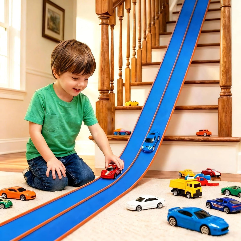 Pistas flexibles de 15 pies de pista de carreras flexibles para niños, juego de pista de auto de bricolaje con autos de rebote 1/64, pistas de carreras enrollables portátiles con ventosas fuertes