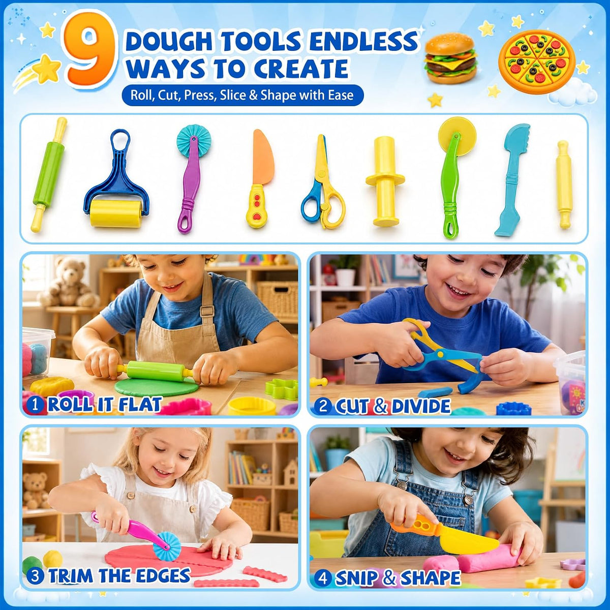 Juego de herramientas para masa, 42 piezas de accesorios de masa con hamburguesas, pizza y papas fritas, moldes de animales y frutas, rodillos, cortadores, sellos, tijeras de seguridad y juguetes de