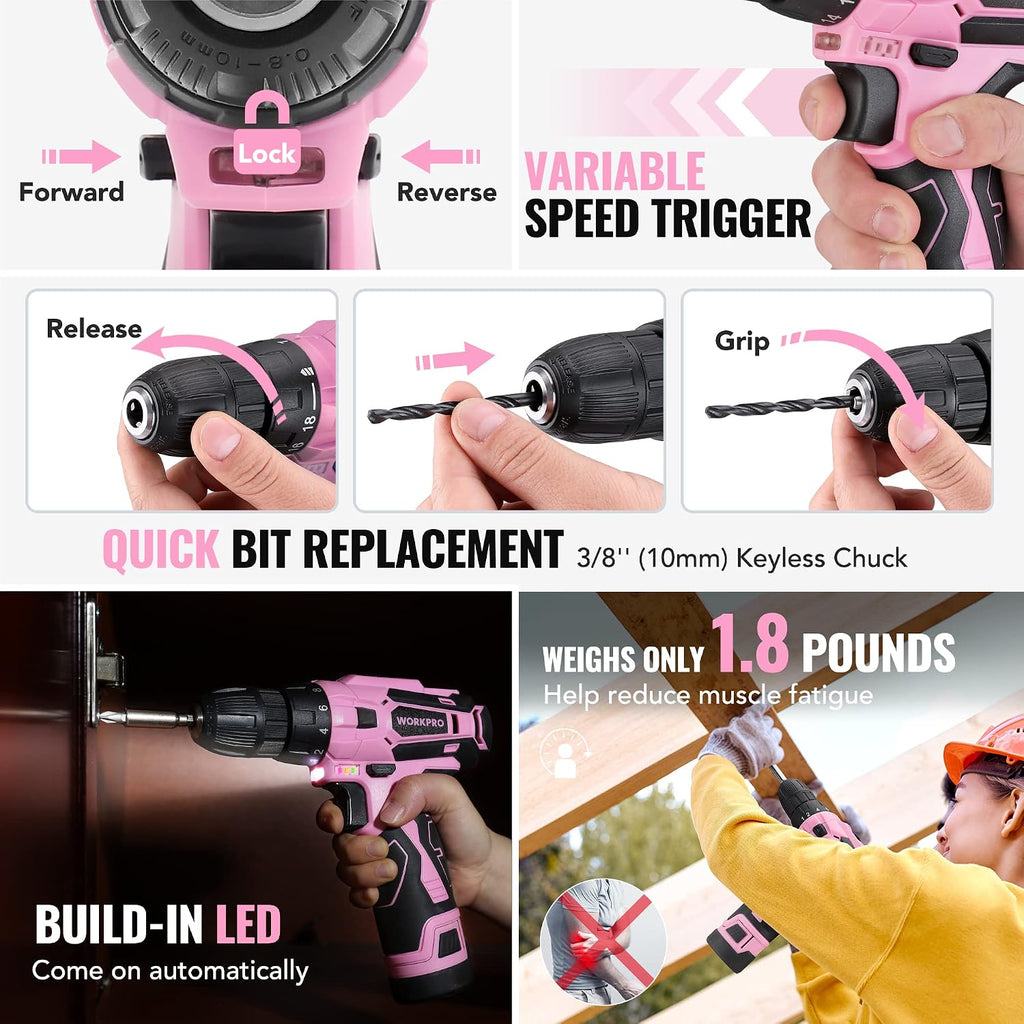 WORKPRO Juego de taladro rosa inalámbrico de 12 V para mujeres